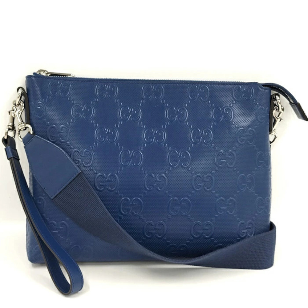 Gucci Shoulder Bag GG Embossed Leather Blue
